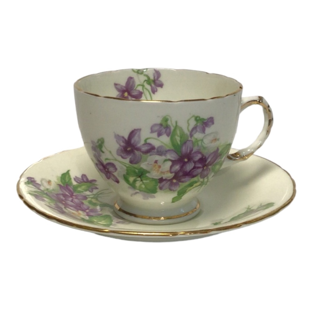 Vintage HM (Lion) SUTHERLAND Bone China Purple Lilac Floral Tea Cup & Saucer